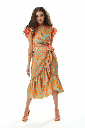Orange Scribble Print Midi Wrap Dress With Frill Liquorish